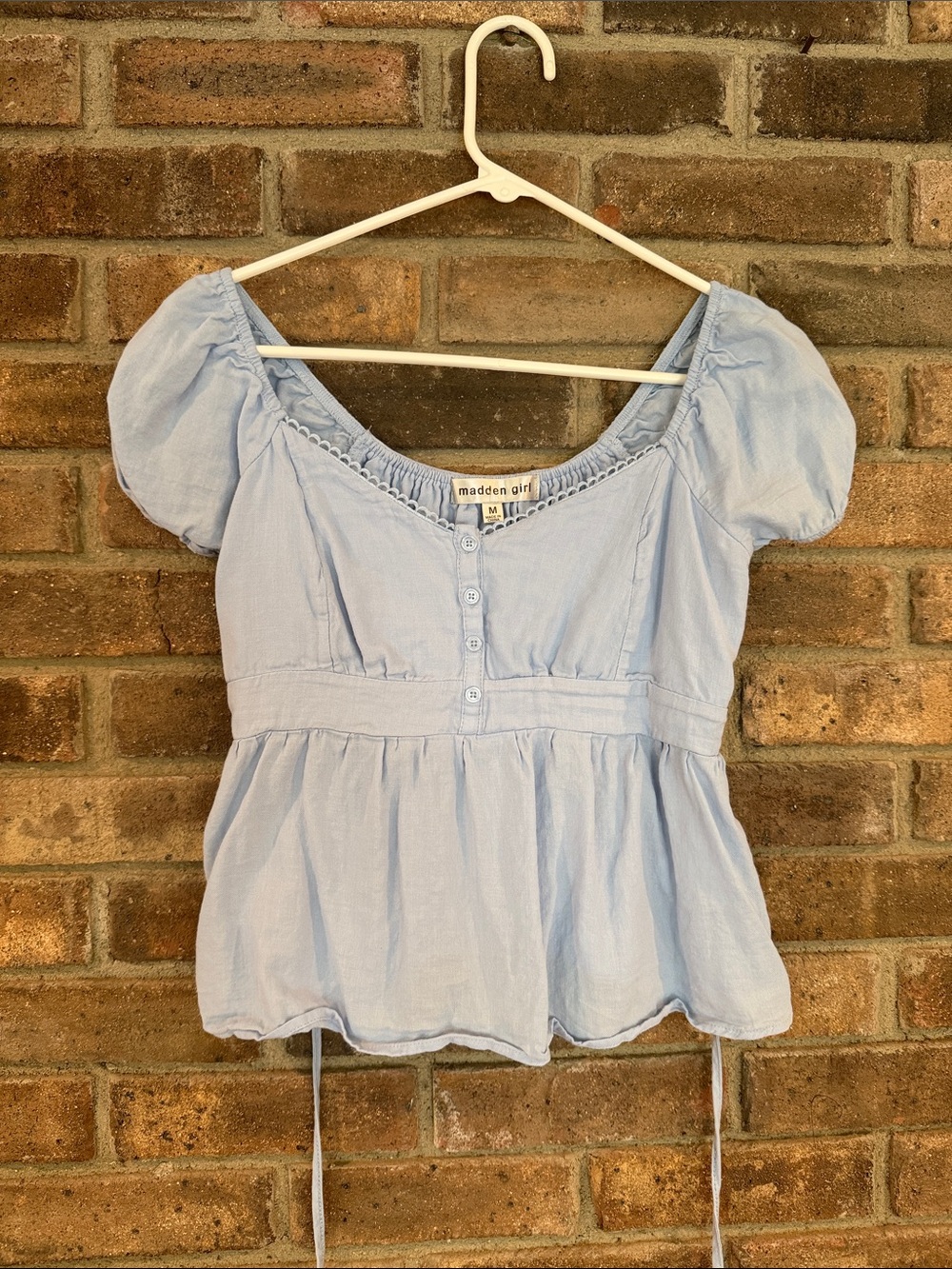 Madden Girl Sky Blue Puff Sleeve Peplum Blouse
